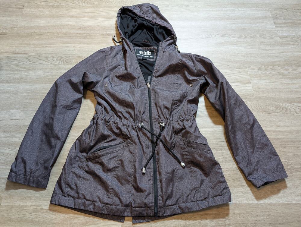 Intl Details Womens S Brown Hooded Packable Rain Jacket Full Zip Drawstring Coat